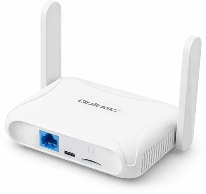„Qoltec 56980 Home & Travel“ 4G LTE maršrutizatorius su „Wi-Fi 6“ | AX300 | 2,4 GHz | Dviguba antena | USB-C | Micro SIM