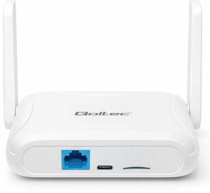 „Qoltec 56980 Home & Travel“ 4G LTE maršrutizatorius su „Wi-Fi 6“ | AX300 | 2,4 GHz | Dviguba antena | USB-C | Micro SIM