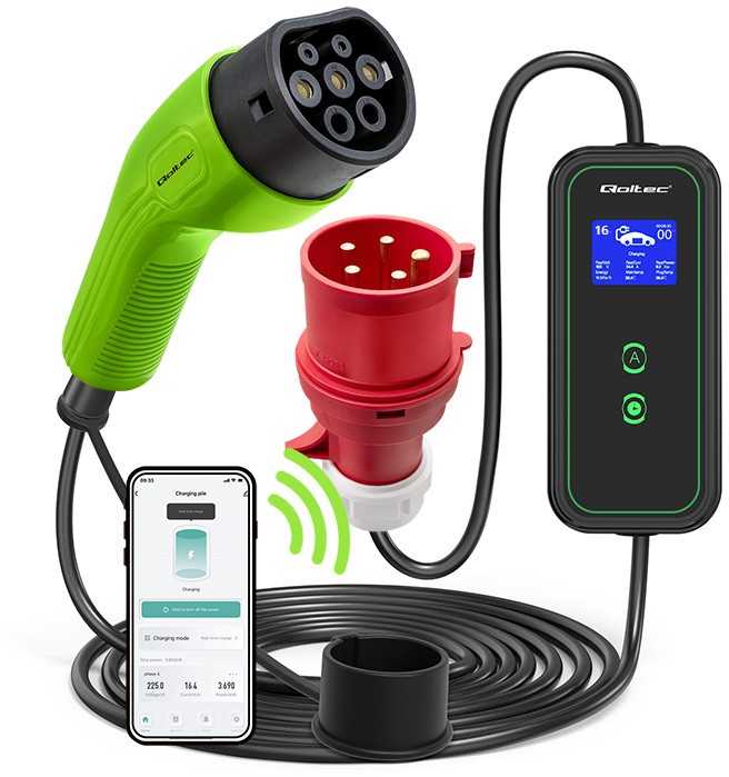 Qoltec mobilus įkroviklis elektromobiliui EV su reguliavimu 2 in 1, Type 2 | 11 kW | Wi-Fi | LCD | 3 fazės | 5 m