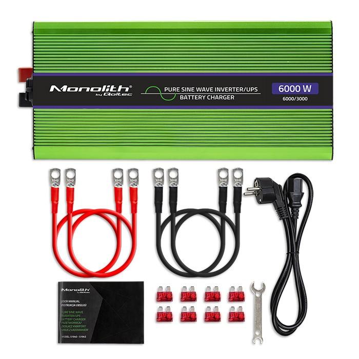 QOLTEC 51945 grynos sinusinės bangos keitiklis, monolitas / akumuliatoriaus įkroviklis / UPS / 6000 W / 3000 W / 12 V iki 230 V / LCD