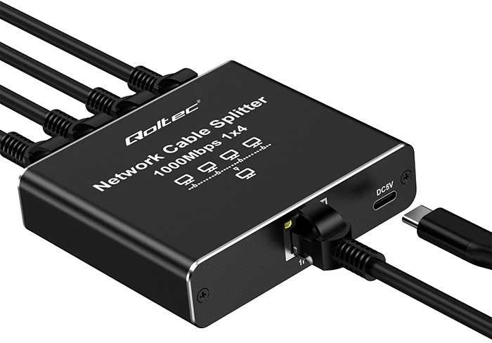 Šakotuvas „Qoltec Rozdzielacz“ skirstytuvas Ethernet mini jungiklis 1x4 RJ45 | 1000Mb/s | USB-C | Aliuminio