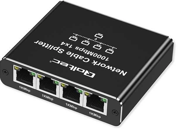 Šakotuvas „Qoltec Rozdzielacz“ skirstytuvas Ethernet mini jungiklis 1x4 RJ45 | 1000Mb/s | USB-C | Aliuminio