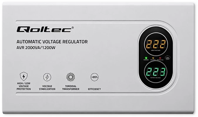 „Qoltec“ automatinis įtampos stabilizatorius AVR 2000VA | 1200W | Kompaktiškas | Toroidinis transformatorius