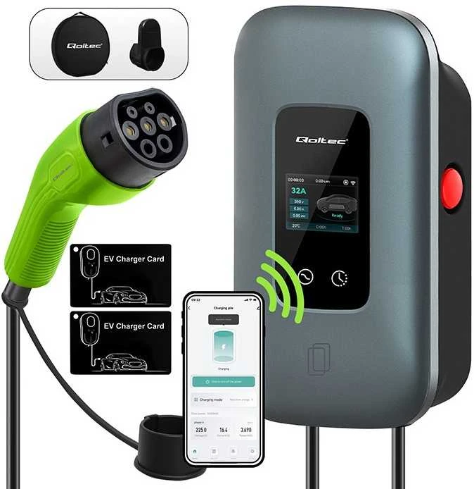 „Qoltec“ EV įkrovimo stotelė, 2 tipo, elektromobiliams ir hibridams | 3 fazės | 22 kW | 32 A | „Wi-Fi“ | LCD | RFID | Išmanusis gyvenimas | TUYA | Sieninė įkrovimo dėžutė | 5 m