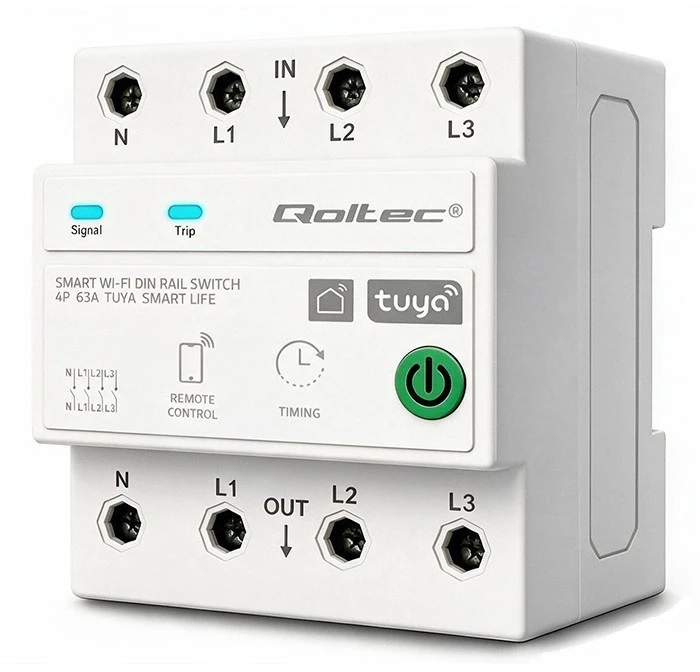 Qoltec Trifazė relė 63A ant DIN bėgelio | 3P+N | Laikmatis | Wi-Fi | Tuya | Smart Life | Amazon Alexa | 4P