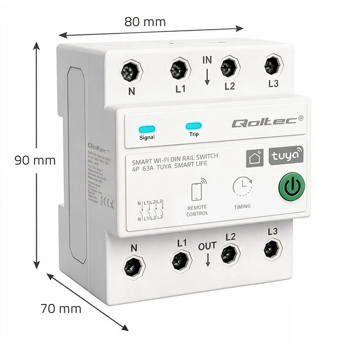 Qoltec Trifazė relė 63A ant DIN bėgelio | 3P+N | Laikmatis | Wi-Fi | Tuya | Smart Life | Amazon Alexa | 4P