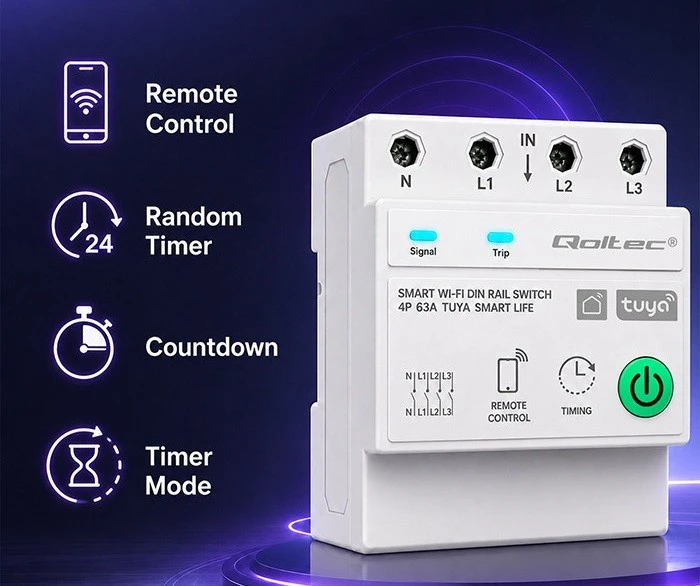 Qoltec Trifazė relė 63A ant DIN bėgelio | 3P+N | Laikmatis | Wi-Fi | Tuya | Smart Life | Amazon Alexa | 4P