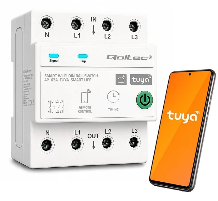 Qoltec Trifazė relė 63A ant DIN bėgelio | 3P+N | Laikmatis | Wi-Fi | Tuya | Smart Life | Amazon Alexa | 4P