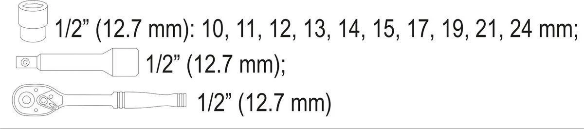 Galvučių rinkinys su rankena 12 vnt. Sthor | 1/2", 10-24mm
