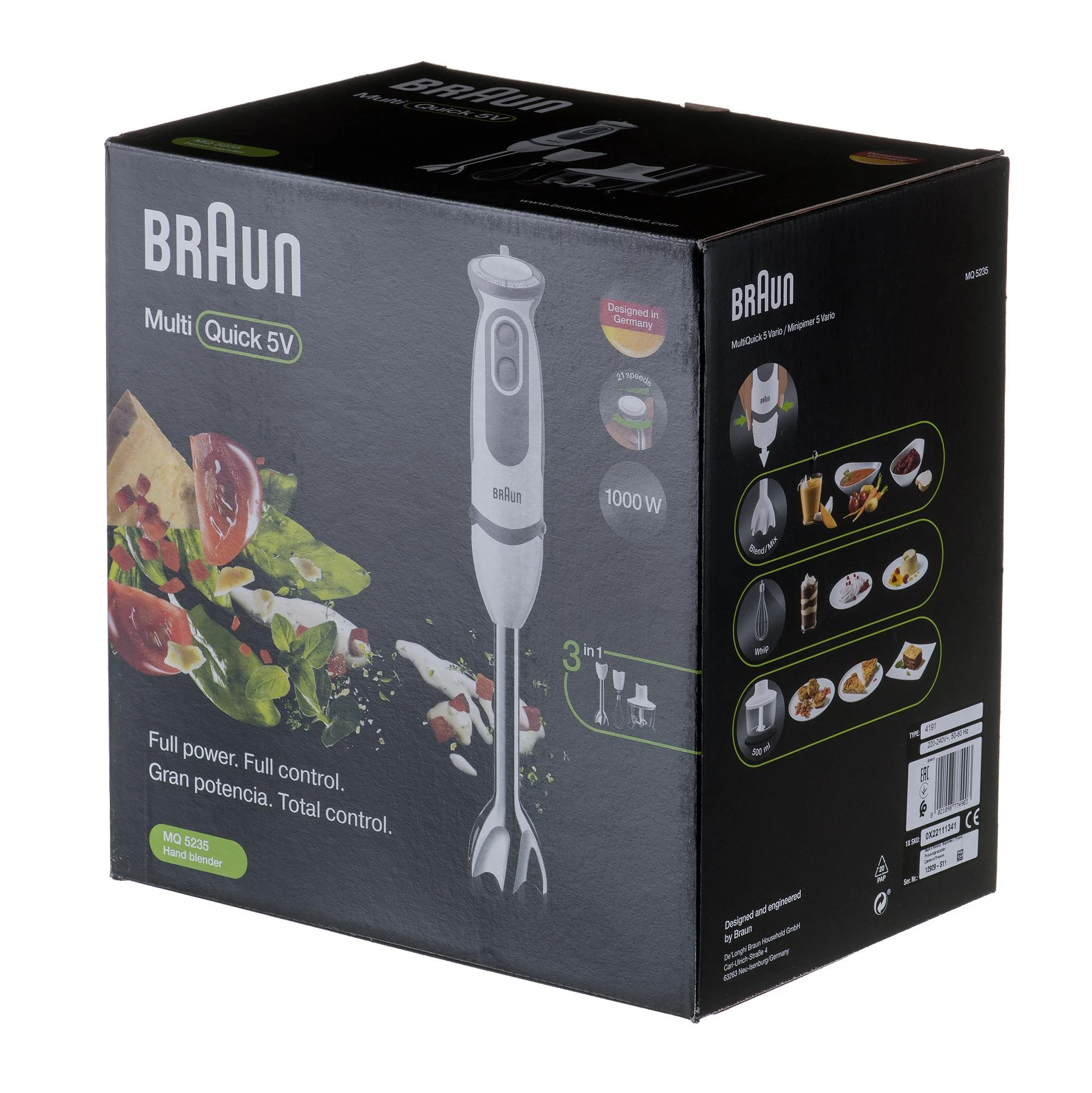 BRAUN Rankinis maišytuvas MQ 5235 WH MultiQuick 5 Vario, 1000W, Nerūdijantis plienas blades, 21 variable speeds, Baltas