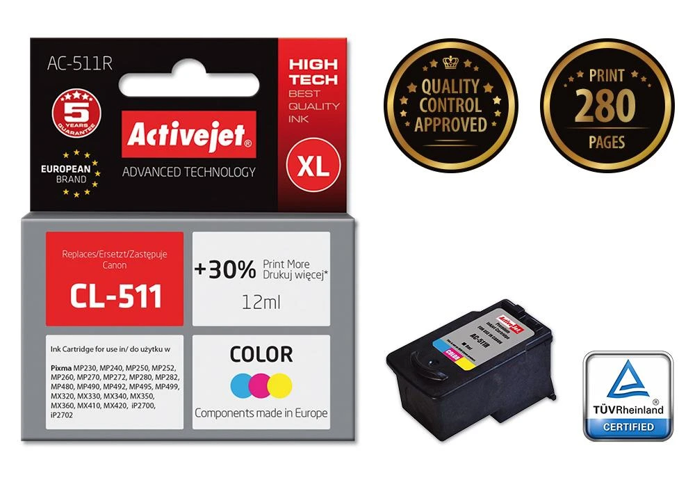 Rašalo kasetė Activejet AC-511R (Canon CL-511 pakeitimas; Premium; 12 ml; spalvotas)