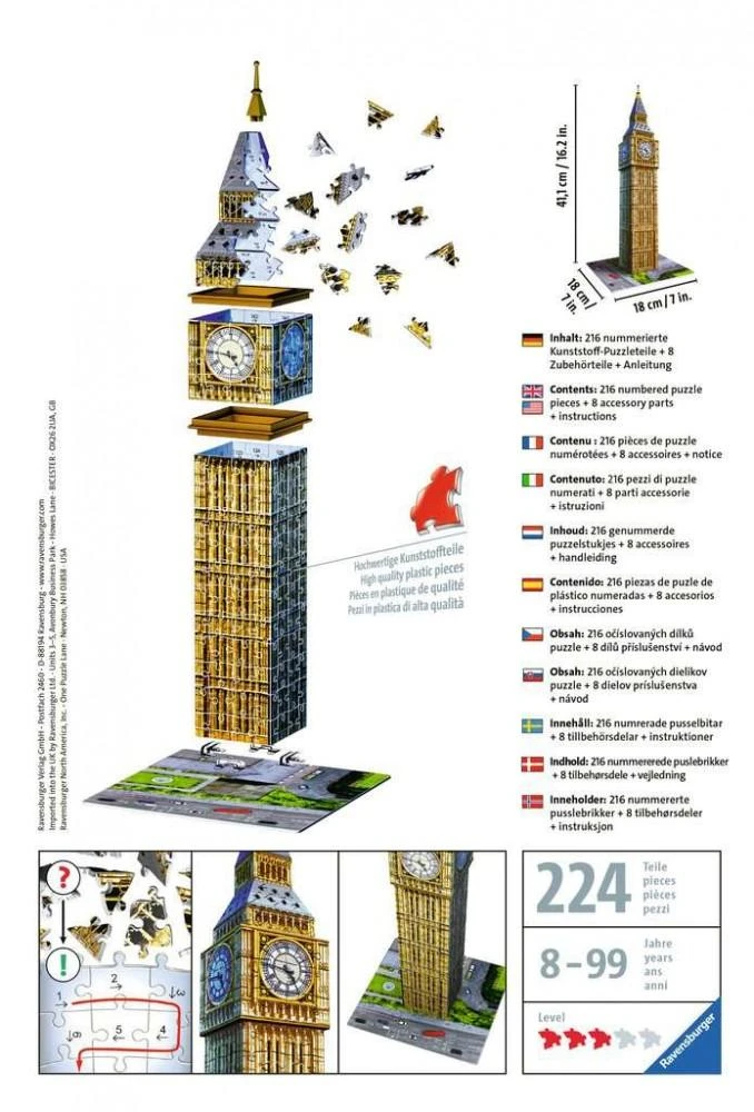 Ravensburger "3D" Dėlionė 216 vnt. - Vestminsterio laikrodžio bokštas (Big Ben)