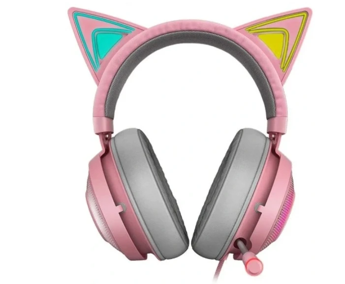 Žaidimų Ausinės Razer Kraken Kitty Edition Quartz, Chroma RGB, ANC mikrofonas, THX erdvinis garsas, USB jungtis, rožinės