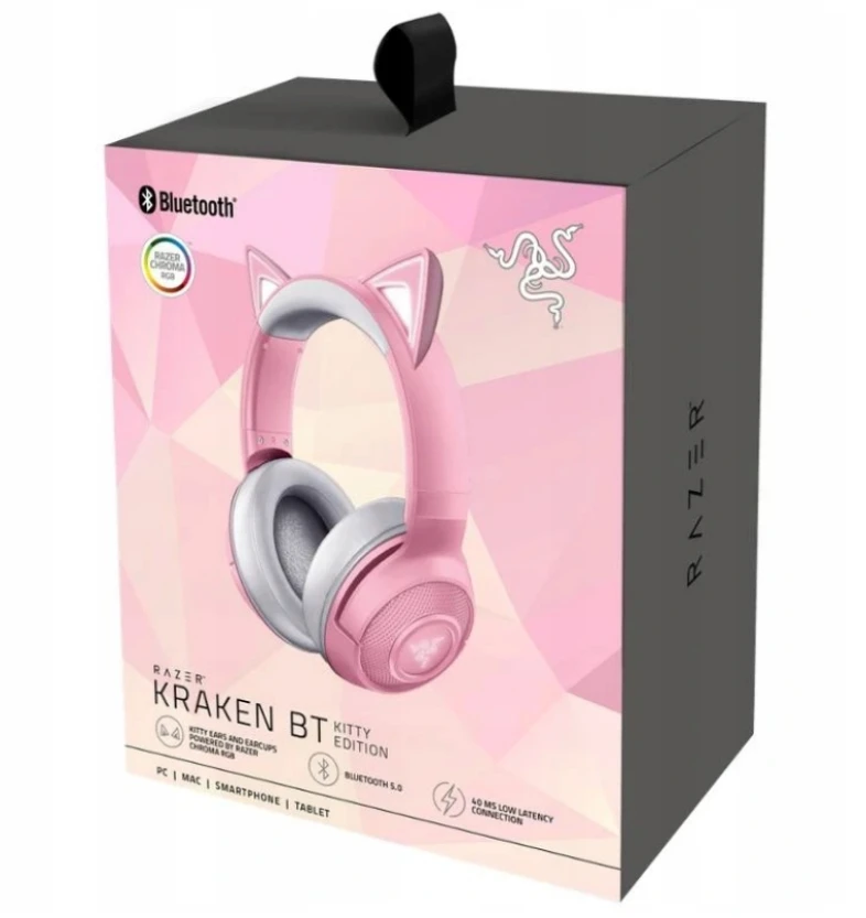 Žaidimų Ausinės Razer Kraken Kitty Edition Quartz, Chroma RGB, ANC mikrofonas, THX erdvinis garsas, USB jungtis, rožinės