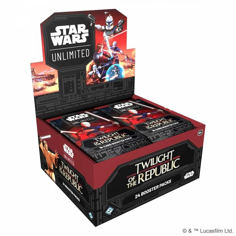 Lucasfilm Kolekcionuojamų Kortelių Žaidimas - Star Wars: Unlimited TCG Twilight of the Republic Booster Box Set 24 Pakeliai, 9 Įprastos Kortelės, 3 Neįprastos Kortelės, 1 Retas Kortelė, 1 Lyderis, 1 Bazė/Žetonas, 1 Folijos Kortelė