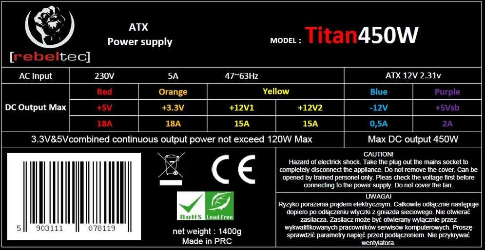 Maitinimo šaltinis Rebeltec Titan Series 450W