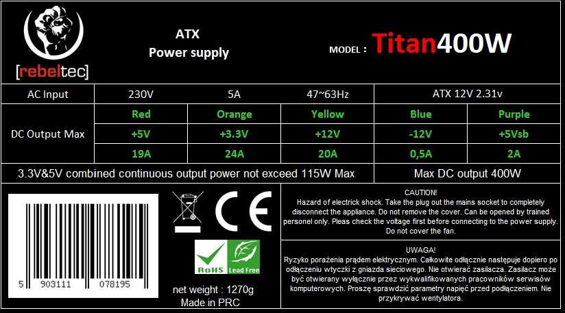 Maitinimo šaltinis Rebeltec Titan Series 400W