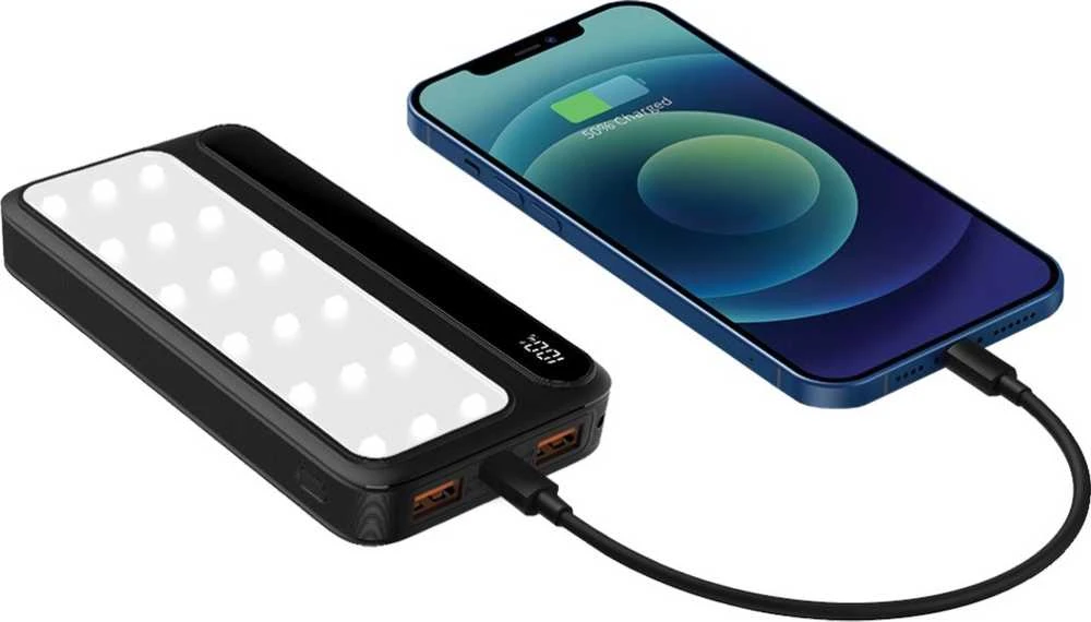 Rebeltec Powerbank P10 LCDPD 10 000mAh LAMP su funkcija stiprus šviesos šaltinis, galingumas išėjimas 22.5W Port Delivery (PD20W)