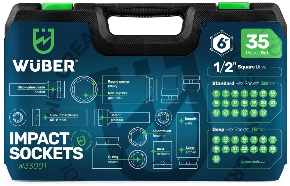 Set of long impact sockets 35 pieces 1/2" hexagonal WUBER