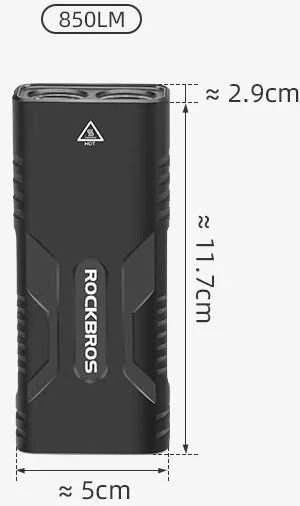 Rockbros 24310002001 dviračio žibintas 850 lm su išorinės baterijos funkcija + USB-C ir USB-A laidas – juodos spalvos