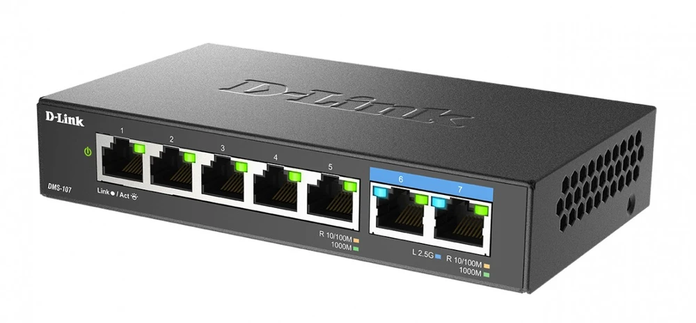 Šakotuvas D-Link 7 prievadų komutatorius 5x1ge 2x2.5ge dms-107/e