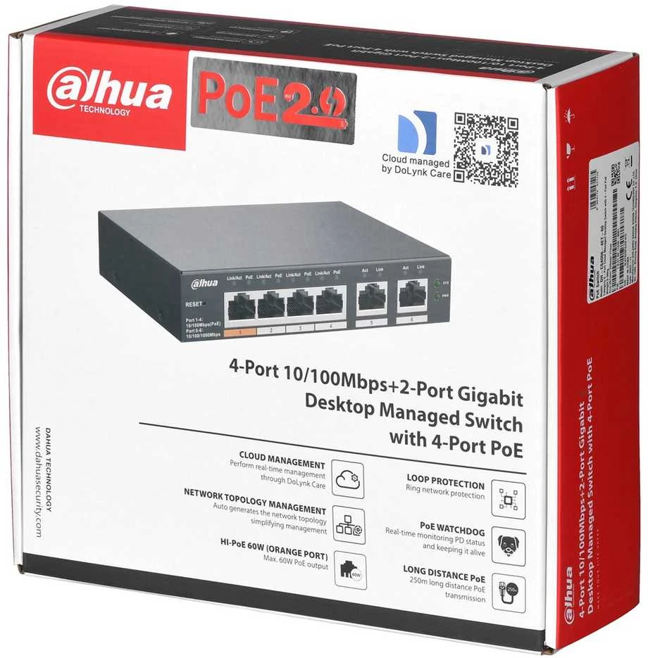 Šakotuvas SWITCH POE CS4006-4ET-60 4 PRIEVADŲ DAHUA