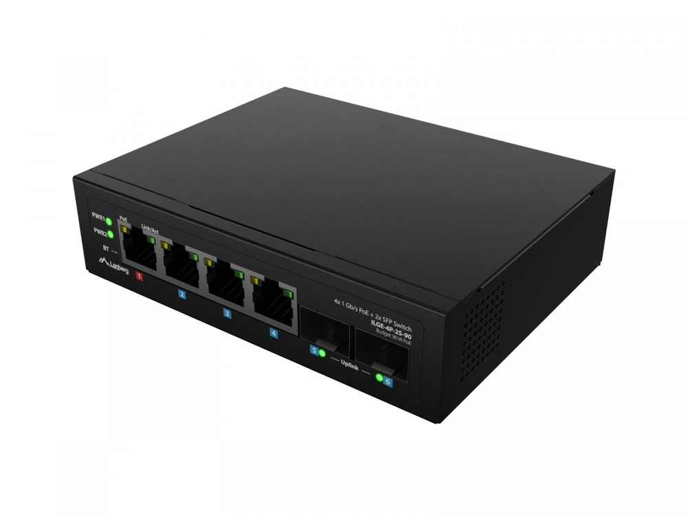 Šakotuvas LANBERG ILGE-4P-2S-90 LIGHT INDUSTRIAL POE SWITCH 1XBT 3XAT 2XSFP DIN GIGABIT ETHERNET