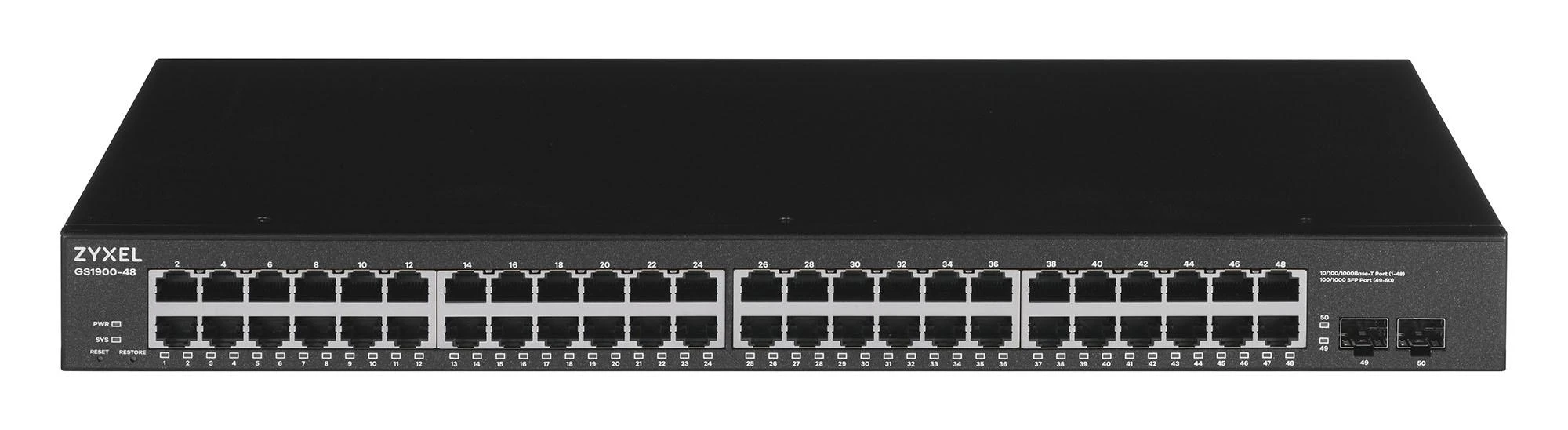 Šakotuvas ZYXEL GS1900-48 V2, 48-PORT GBE L2 SMART SWITCH, RACKMOUNT (5Y WARRANTY)