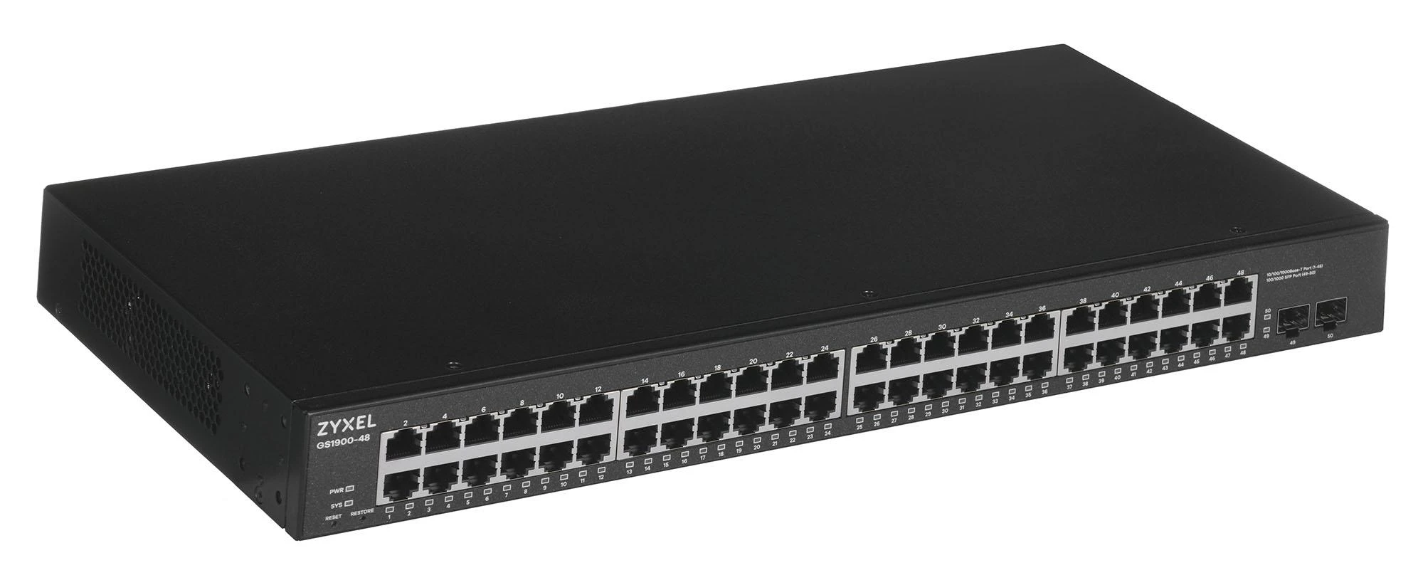 Šakotuvas ZYXEL GS1900-48 V2, 48-PORT GBE L2 SMART SWITCH, RACKMOUNT (5Y WARRANTY)