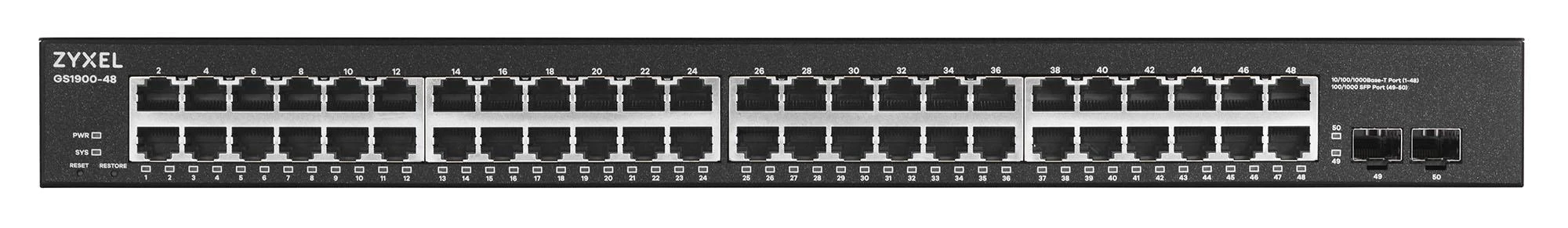 Šakotuvas ZYXEL GS1900-48 V2, 48-PORT GBE L2 SMART SWITCH, RACKMOUNT (5Y WARRANTY)