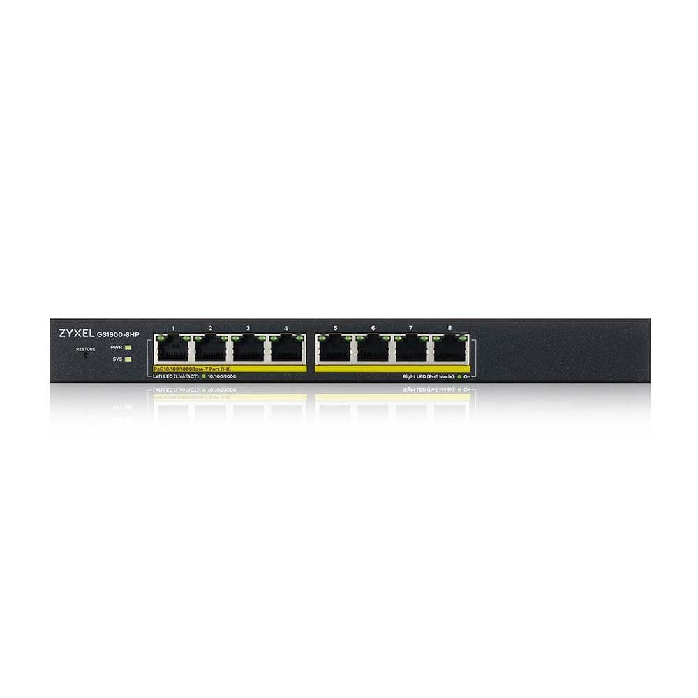 Šakotuvas ZYXEL GS1900-8HP V3, 8-PORT GBE L2 POE SMART SWITCH, 802.3AT, DESKTOP, FANLESS, 77 WATT (5Y WARRANTY)
