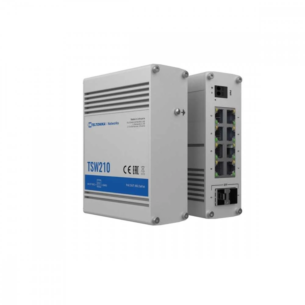 Šakotuvas Teltonika | Jungiklis | TSW210 | Nevaldomas | Tvirtinama prie sienos | Gigabit Ethernet (vario) jungtys kiekis 8 | SFP jungtys kiekis 2 | 24 mėn.