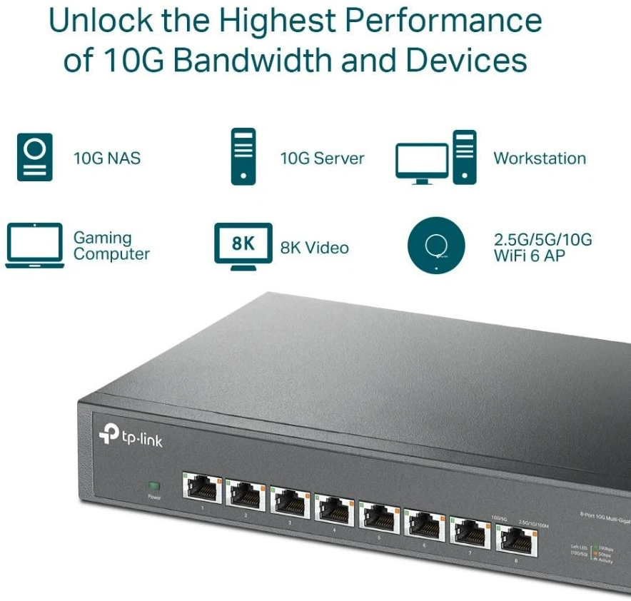 Šakotuvas TP-Link 8-PORT 10G MULTI-GIGABIT SWITCH - 8 10G RJ45 PORTS