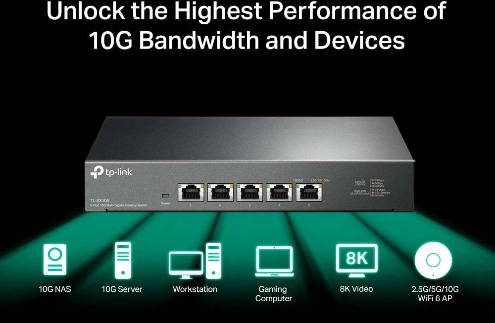 Šakotuvas TP-Link 5-PORT 10G MULTI-GIGABIT SWITCH - 5 10G RJ45 PORTS