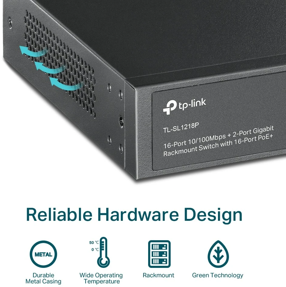Šakotuvas TP-Link TL-SL1218P tinklo komutatorius Ne-valdomas Gigabit Ethernet (10/100/1000) Maitinimas per Eternetą (PoE) 1U Juoda