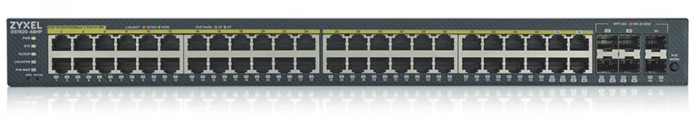 Šakotuvas ZYXEL GS1920-48HPV2, 50 prievadų išmanusis valdomas POE komutatorius, 48 gigabitų vario POE ir 4 gigabitų dviejų asmenų, hibridinis režimas, autonominis arba „Nebulaflex“ debesis, 375 vatų POE (5 metų garantija)
