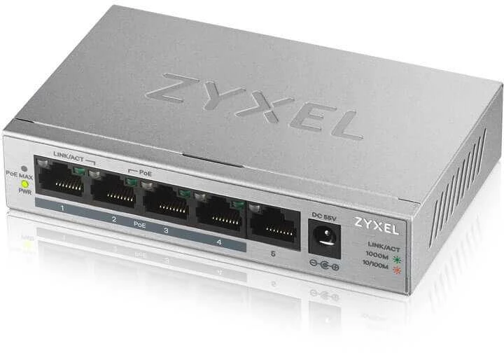 Šakotuvas Zyxel Jungiklis gs1005-hp 5 port gigabit poe+ nevaldomas darbalaukis 60w