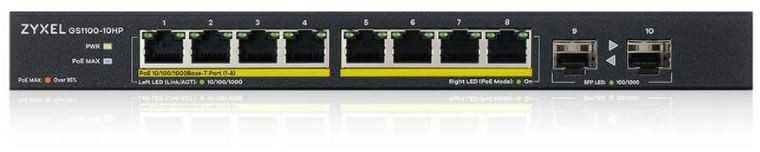 Šakotuvas Zyxel Jungiklis gs1100-10hp-eu0102f 120w poe 8xgigabit 2xfiber uplilk jungiklis