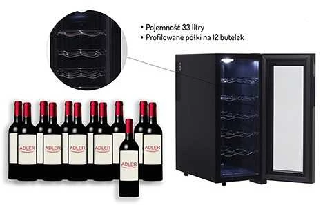 Adler | Gėrimų sandėliukas | AD 8083 | Energijos vartojimo efektyvumo klasė G | Laisvai stovintis | Butelių talpa 12 | Juodas