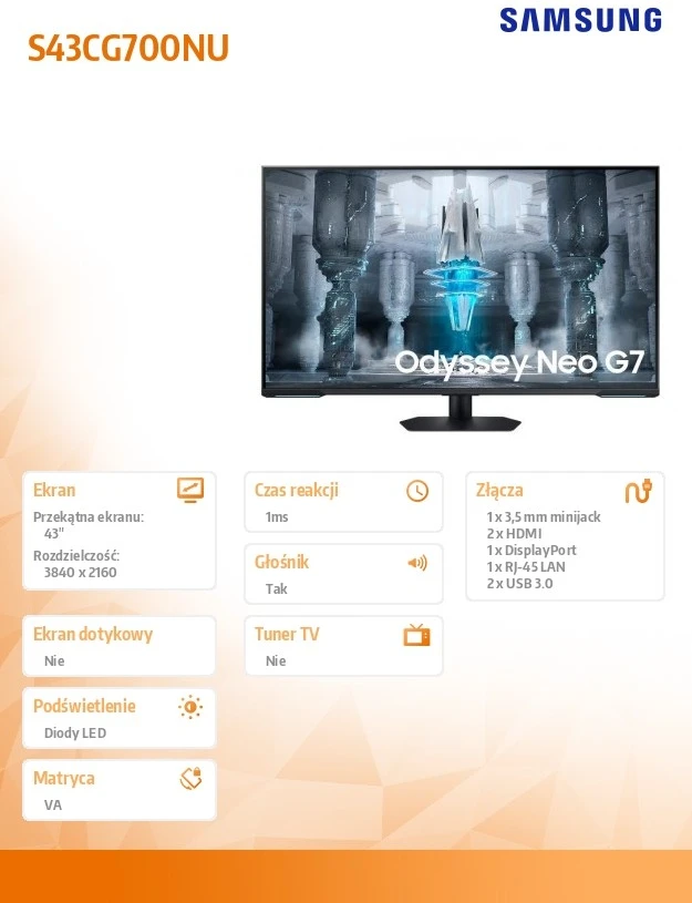Samsung 43 colių monitorius ls43cg700nuxen va 3840x2160 uhd 16:10 2xhdmi/1xdp/lan(rj45)/2xusb3.0 1ms(mprt) wifi/bt garsiakalbiai plokšti 144hz išmanieji žaidimai 2 metai d2d