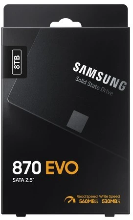 Samsung SSD | 870 EVO | 8000 GB | Solid-state drive sąsaja SATA 6 Gb/s compatible with SATA 3 Gb/s and SATA 1.5 Gb/s | Skaitymo greitis 560 MB/s | Rašymo greitis 530 MB/s