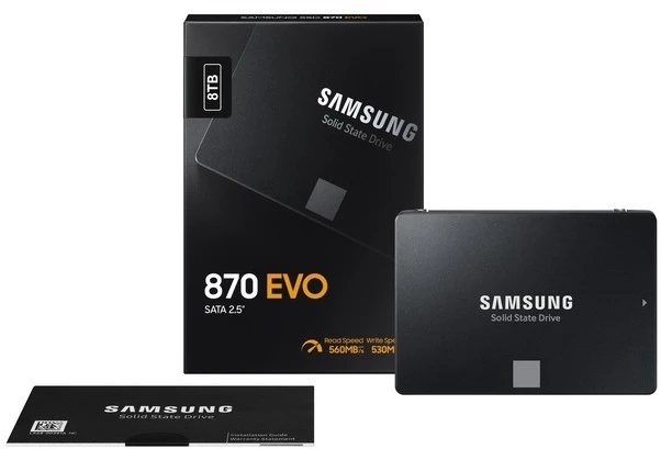 Samsung SSD | 870 EVO | 8000 GB | Solid-state drive sąsaja SATA 6 Gb/s compatible with SATA 3 Gb/s and SATA 1.5 Gb/s | Skaitymo greitis 560 MB/s | Rašymo greitis 530 MB/s