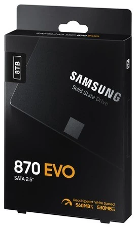 Samsung SSD | 870 EVO | 8000 GB | Solid-state drive sąsaja SATA 6 Gb/s compatible with SATA 3 Gb/s and SATA 1.5 Gb/s | Skaitymo greitis 560 MB/s | Rašymo greitis 530 MB/s