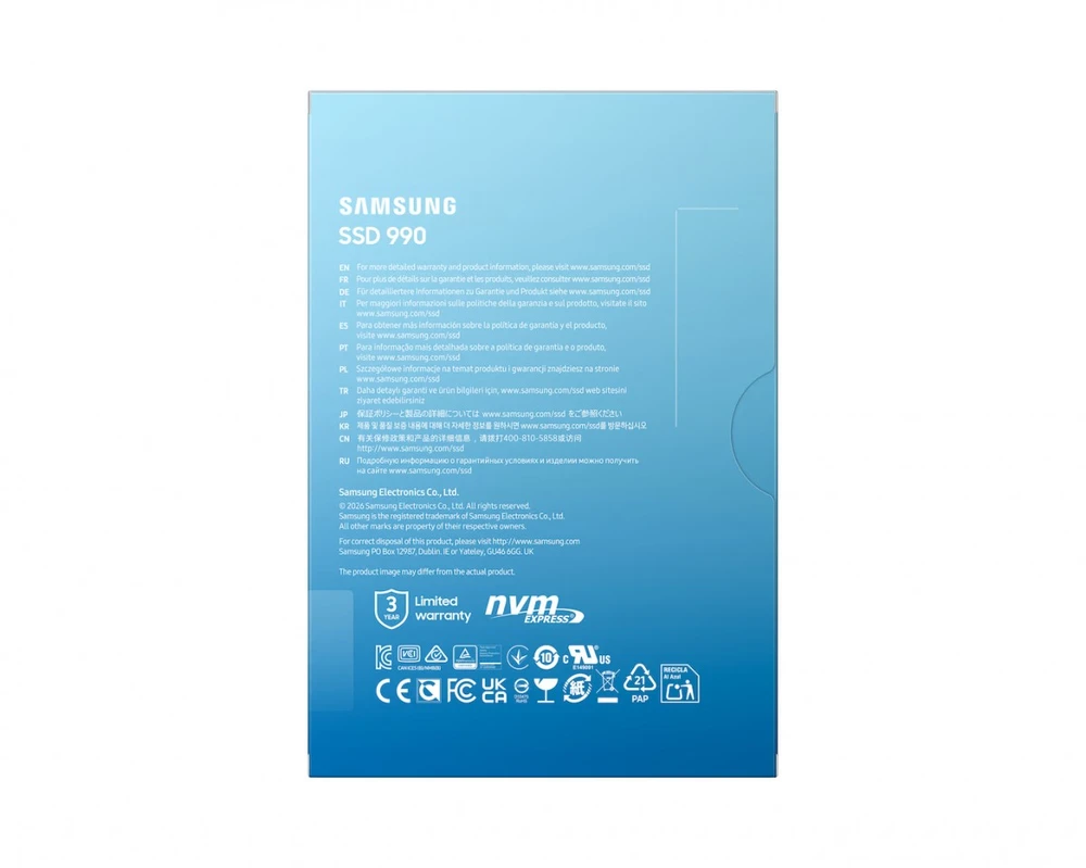 Samsung SSD | 990 | 1000 GB | SSD form factor M.2 2280 | Solid-state drive sąsaja PCIe 4.0 x4, NVMe 2.0 | Skaitymo greitis 7150 MB/s | Rašymo greitis 6450 MB/s