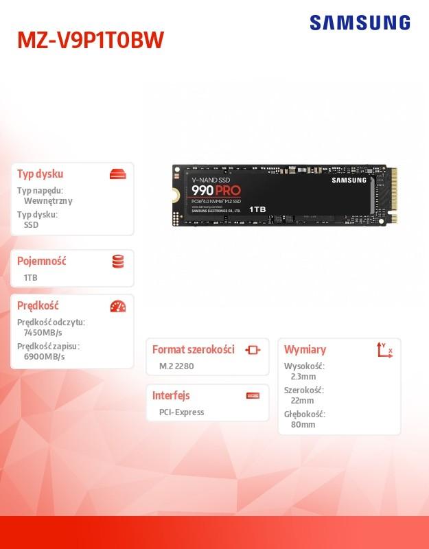 Kietasis vidinis diskas Samsung 990 PRO 1000 GB, SSD form factor M.2 2280, SSD sąsaja PCIe Gen4x4, Rašymo greitis 6900 MB/s, Skaitymo greitis 7450 MB/s