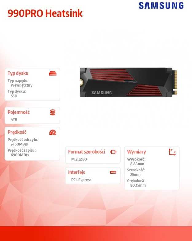 Kietasis diskas SSD SAMSUNG 990 PRO with Heatsink, 4TB, M.2, PCIe Gen4, NVMe, TLC, Rašymo greitis 6900 MBytes/sec, Skaitymo greitis 7450 MBytes/sec, TBW 2400 TB, MTBF 1500000 hours, MZ-V9P4T0CW