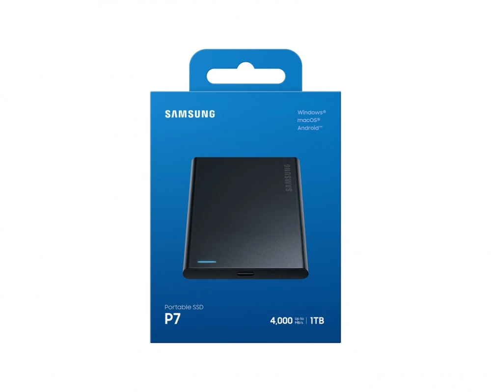 Kietasis diskas Samsung P7, 1 TB, USB Type-C, USB4 Gen 3x2, 4000 MB/s, apsauga slaptažodžiu, juoda