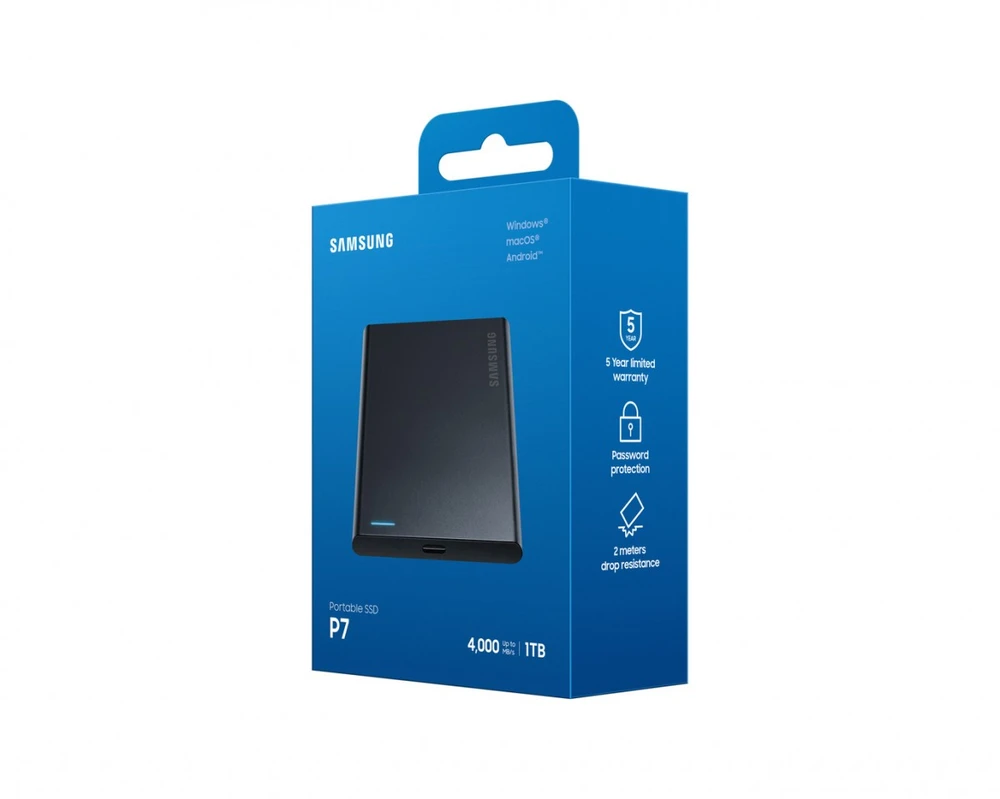 Kietasis diskas Samsung P7, 1 TB, USB Type-C, USB4 Gen 3x2, 4000 MB/s, apsauga slaptažodžiu, juoda