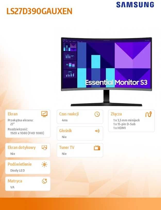 Monitorius Samsung  LS27D390GAUXEN 27 " | VA | FHD | 16:9 | 100 Hz | 4 ms | 1920 x 1080 pikselių | 250 cd/m² | HDMI jungtys quantity 1 | Juoda
