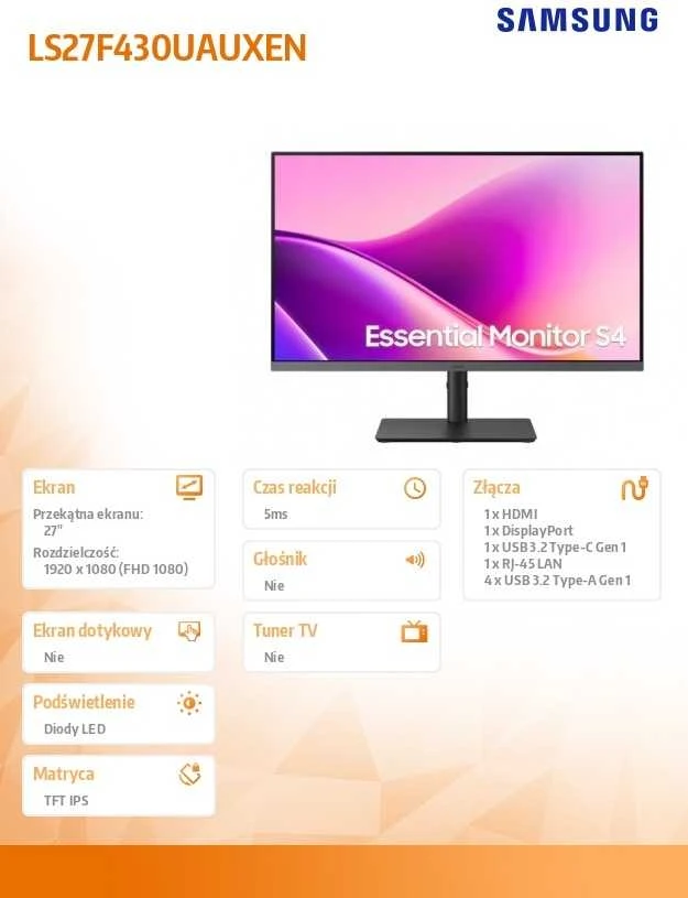 Monitorius - Samsung Monitorius LS27F430UAUXEN 27" FHD IPS 1920x1080 HDMI USB-C